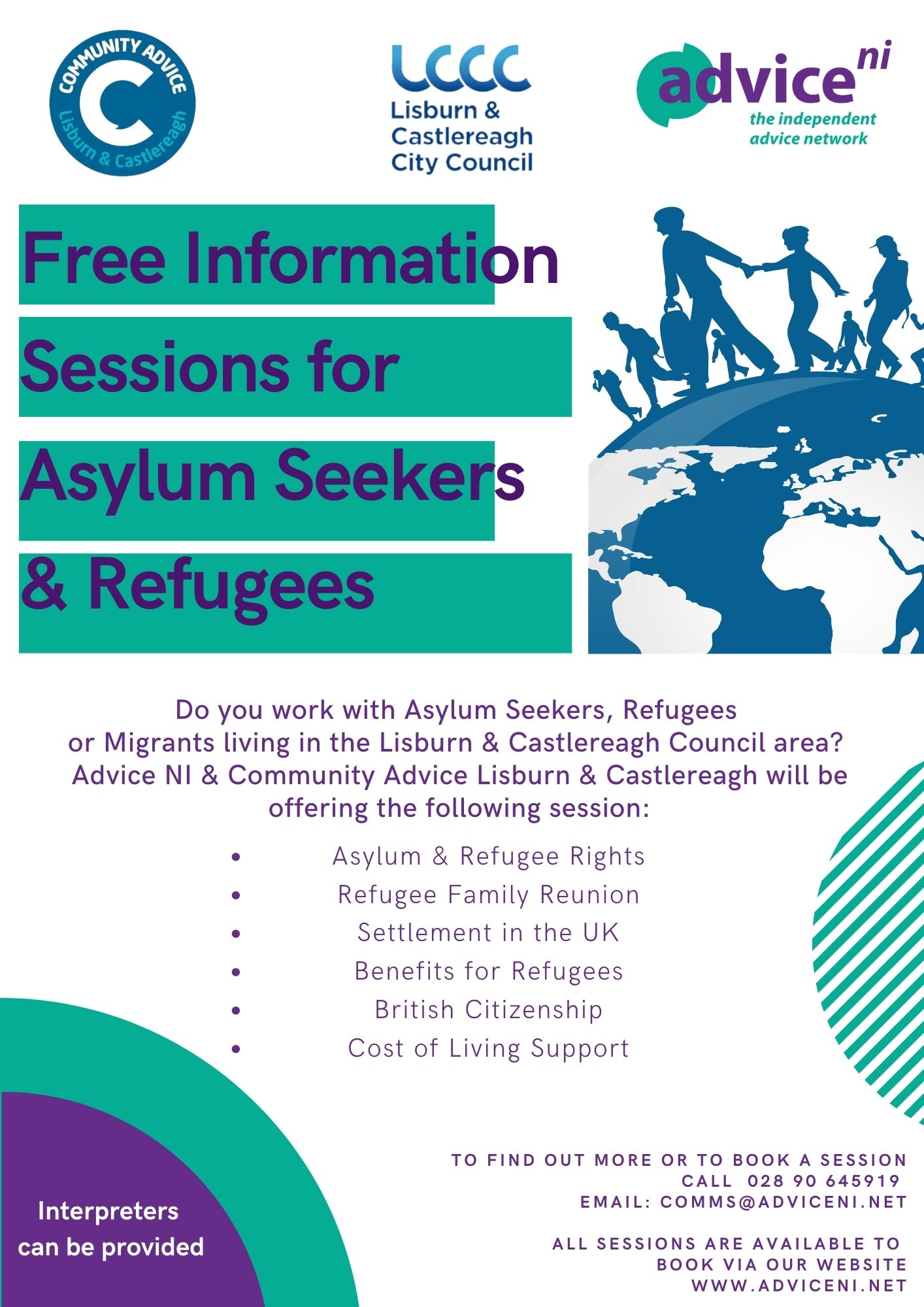 Leaflet for Asylum and refugee ingo sessions, purple writing on a white background.