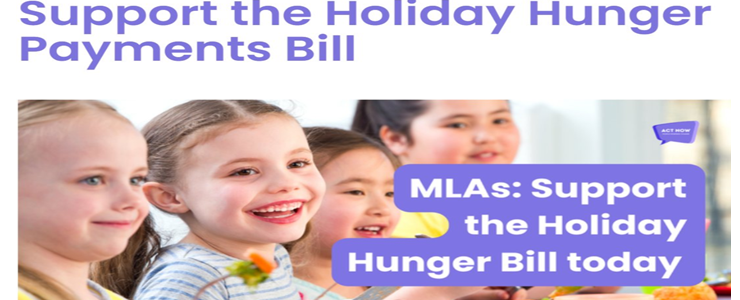 Four children are smiling on a graphic with the words "Support the holiday hunger payments bill" in purple writing.